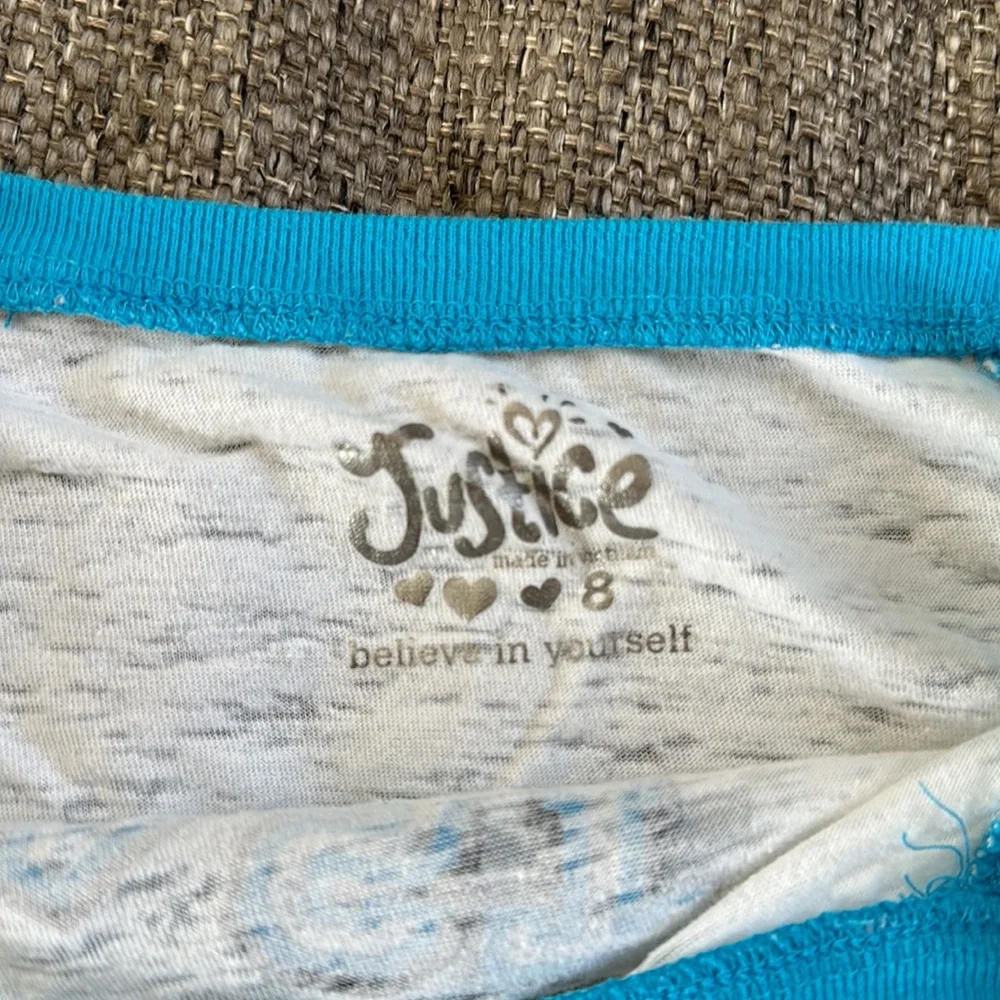 Justice Girls Blue White Gymnastics T-shirt Three Quarter Sleeve Size 7